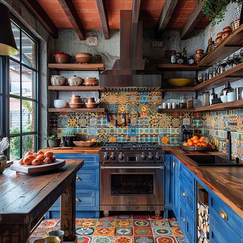 11+ Warm Copper Kitchen Countertops Ideas for a Rich Aesthetic • 333+ Art Images Mexican Tile Kitchen Countertops, Spanish Villa Kitchen, Kitchen Ideas Green, Spanish Tile Kitchen, Spanish Mediterranean Kitchen, Mediterranean Kitchen Ideas, Mexican Tile Kitchen, Spanish Kitchen Design, Kitchen Countertops Ideas