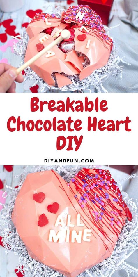 Breakable Chocolate Heart DIY, Complete instructions for how to make an edible heart container that can hold other items. alt= Heart Cake Recipes, Breakable Chocolate Heart, Chocolate Hearts Candy, Silicone Molds Recipes, Heart Shaped Chocolate Box, Breakable Chocolate, Heart Container, Chocolate Pinata, Chocolate Covered Strawberries Bouquet