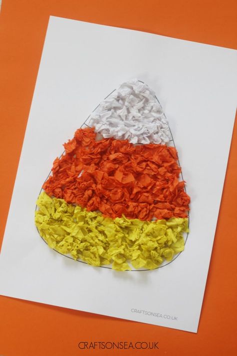 Tissue Paper Candy Corn, Candy Corn Tissue Paper Craft, Candy Corn Art Preschool, Candy Corn Crafts For Toddlers, Candy Corn Preschool Crafts, Tissue Paper Halloween Crafts, Halloween Candy Crafts For Kids, Candy Corn Template Free Printable, Candy Corn Crafts Preschool