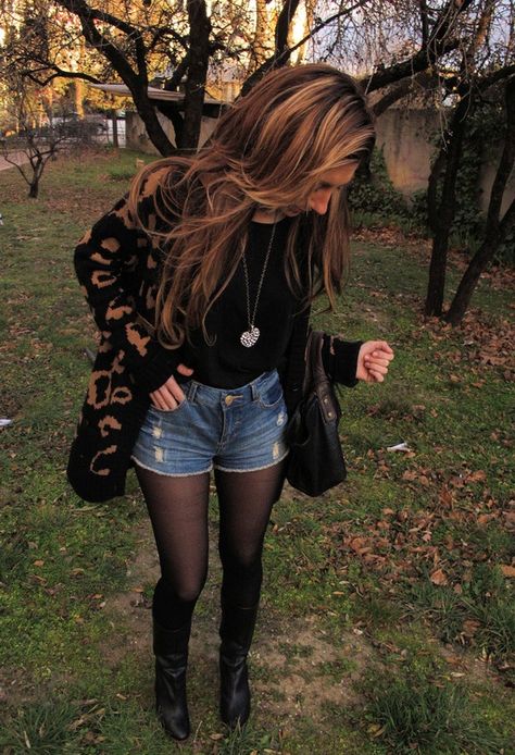 Stockings Under Shorts, Black Tights Summer Outfit, Shorts Pantyhose Outfit, Shorts Tights Boots Outfit, Shorts And Pantyhose Outfit, Jean Shorts With Tights Outfit, Tights And Jean Shorts, Jean Shorts With Boots, Tights With Shorts Outfit