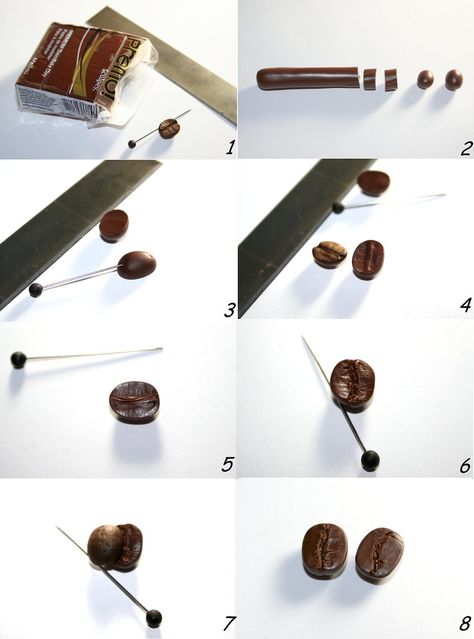 How to make coffee beads from polymer clay using real coffee beans 1. Materials and tools: -Polymer clay is chocolate brown -Blade or knife to polymer clay -Needle -Coffee bean The photo is not submitted: - Grinding: fine-grained sandpaper, a soft cloth - For painting: matt lacquer for plastics, alcohol or acetone, cotton swabs 2. Roll out sausage from polymer clay (not necessarily perfect). Cut into slices, bearing in mind that each of the two and then get the grain. 3. Carefully cut a piece Fimo Mug, Polymer Clay Gifts, Make Coffee, Natural Coffee, Real Coffee, Polymer Clay Tools, Polymer Clay Diy, Cotton Swabs, Clay Mugs