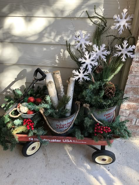 Little Red Wagon decorated for Christmas Wagon Decorated For Christmas, Christmas Tree In Wagon, Red Wagon Christmas Decor, Christmas Wagon Decor, Front Porch Christmas Trees, Porch Christmas Trees, Christmas Decor Ideas Red, Primitive Decorating Ideas, Evergreen Planters