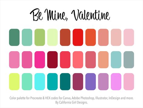 Valentines Day Color Palette, Valentine Color Palette, Pallete Color, Color Palette For Procreate, Procreate Palette, Be Mine Valentine, Colour Swatches, Color Candy, Hex Color Palette