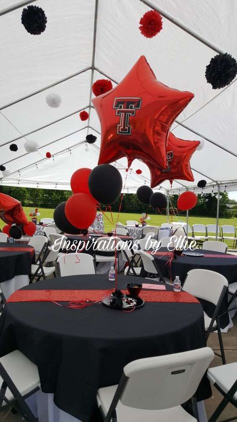 Graduation Party Decor Male, School Graduation Party Ideas, School Graduation Party, Utep Graduation Party Ideas, Texas Tech Party Ideas, Texas Tech Graduation Party Decorations, Graduation Party Table Set Up Ideas, Yard Graduation Party Ideas, Texas Tech Party Decorations