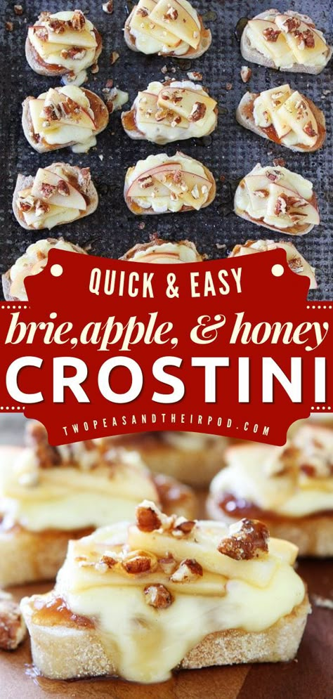 Brie, Apple, and Honey Crostini, Thanksgiving recipes, Christmas appetizers Apple And Brie Crostini With Hot Honey, Appetizer Recipes With Baguette, Brie And Apple Appetizer, Apple Butter Brie, Apple Crostini, Apple Brie Crostini, Brie Cheese Appetizer, Honey Appetizers, Honey Brie