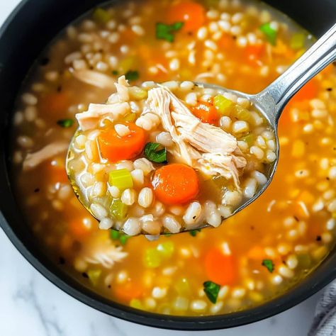 Savory Chicken Barley Soup Chicken Barley Soup Crockpot, Chicken Barley Soup Recipe, Chicken And Barley Soup, Chicken Barley, Chicken Barley Soup, Vegetable Barley Soup, Soups Stews Chilis, Beef Barley Soup, Chicken Veggies