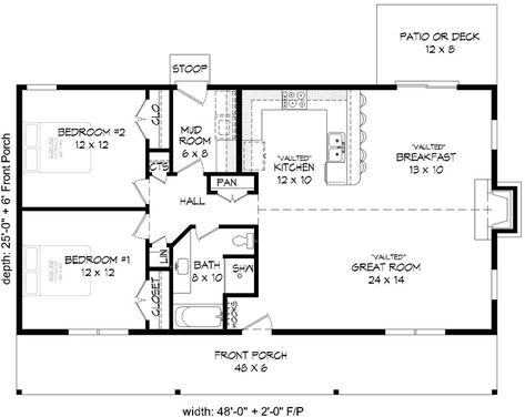 Ranch House Plan - 2 Bedrooms, 1 Bath, 1200 Sq Ft Plan 87-180 1200 Sq Ft House Plans, 900 Sq Ft House, 1000 Sq Ft House, 1200 Sq Ft House, Cabin Designs, Floor Plans Ranch, 2 Bedroom House Plans, Cabin Floor Plans, Small House Floor Plans