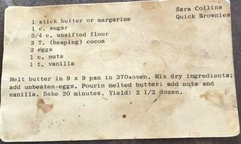 old fashioned family recipes | A recipe card with this many stains has got to be good | Facebook Old School Recipes, School Recipes, Fashion Family, School Food, Brownie Bar, Got To Be, Recipe Card, Family Recipes, Vintage Recipes