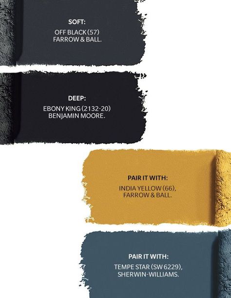 Soft: Off-Black (57), Farrow & Ball; Deep: Ebony King (2132-20), Benjamin Moore | Pair It With: India Yellow (66), Farrow & Ball; Pair It With: Tempe Star (SW 6229), Sherwin-Williams Olive Green Kitchen, Work Hacks, Black Kitchen Countertops, Bedroom Revamp, Interior Wall Colors, Moody Painting, Yellow Paint Colors, Black Paint Color, Black Stool