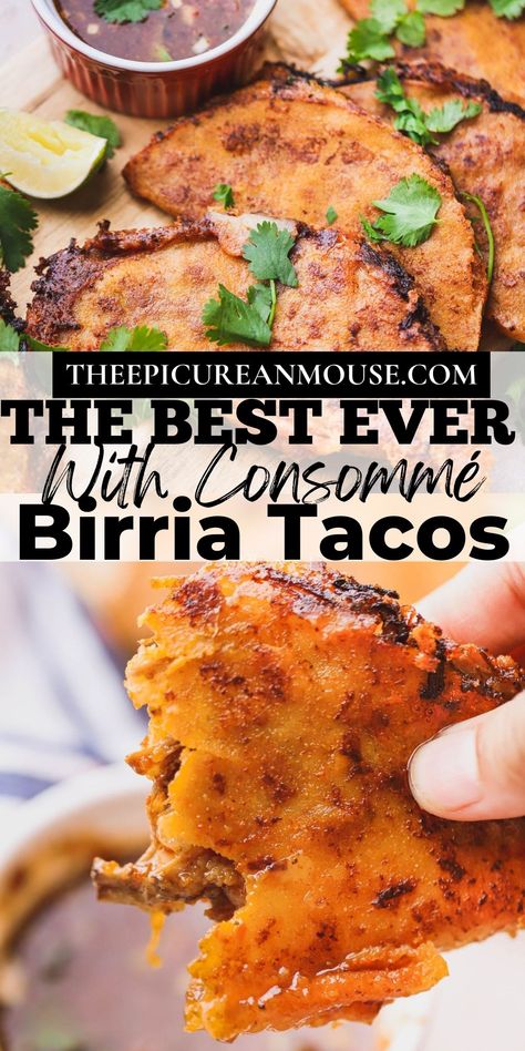 Tacos With Dipping Broth, Carnitas Birria Tacos, Birraria Tacos, Birria Tacos Not Spicy, Quesabrilla Tacos Recipe, Best Birria Tacos Recipe Mexican Authentic, Birria Queso Tacos Recipe, Quesabrilla Tacos, Briar Tacos