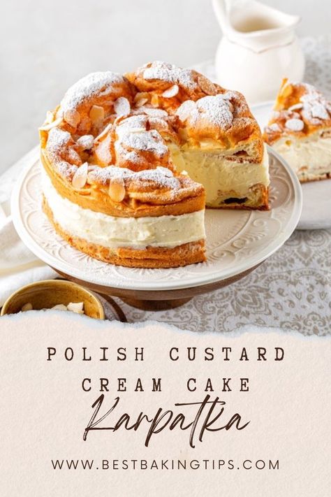 Satisfy your sweet tooth with Polish Custard Cream Cake (Karpatka)! This beloved dessert, with its fluffy layers, creamy custard filling, and hints of vanilla and orange zest, is a true delight. Plus, the crispy top layer adds an irresistible crunch to every bite. Whether for special occasions or everyday indulgence, Karpatka is sure to please! 🍰🇵🇱 #PolishDessert #CustardCake Custard Cream Cake, Fluffy Layers, Best Baking, Custard Cream, Custard Filling, Orange Zest, Cream Cake, Baking Tips, Custard