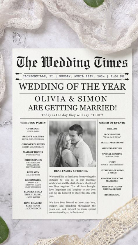 Newspaper wedding Wedding program Vintage wedding program Editable newspaper program Printable wedding newspaper Rustic wedding program Retro wedding template Newspaper design wedding DIY newspaper program Old-fashioned wedding program Newspaper Ceremony Program, Wedding Program Newspaper Template, Wedding Newspaper Ideas Ceremony Programs, The Wedding Times Newspaper, Newspaper Wedding Programs Template, Wedding Times Newspaper, Wedding Program Examples, Wedding Newspaper Program, Printable Newspaper