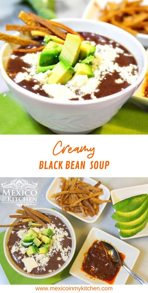 Creamy Black Bean Soup, Soup With Black Beans And Corn, Mexican Black Bean Soup Recipe, Mexican Soup With Hominy, Black Bean Chorizo Soup, Southwestern Black Bean Soup, Mexican Comfort Food, Black Bean Soup Recipe, Mexican Soup