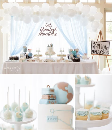 Travel Themed Baby Shower Ideas, Adventure Baby Shower Theme, Travel Themed Baby Shower, Airplane Baby Shower Theme, Baby Shower Themes Neutral, Unique Baby Shower Themes, Adventure Awaits Baby Shower, Bebe Shower, Travel Baby Shower Theme