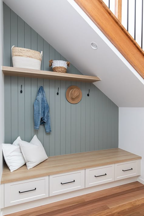 Understairs Entryway Ideas, Wall Paneling Under Stairs, Under Stairs Jacket Storage, Mud Room Stairs, Under Staircase Mudroom, Under Stairs Seating And Storage, Green Vj Panelling, Under Stairs Storage Panelling, Understair Storage Plan