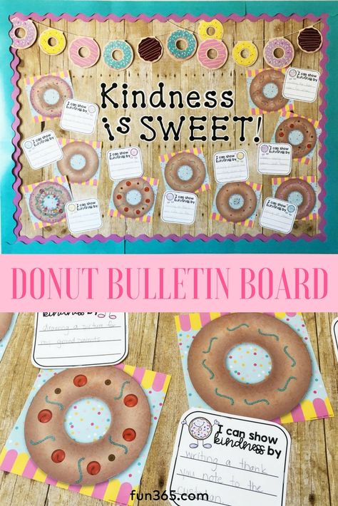 Donut Kindness Bulletin Board, Kindness Challenge Bulletin Board, Kindness Is Sweet Bulletin Board, Kindness Month Bulletin Board, Outside Classroom Bulletin Board, Sprinkle Kindness Donut Craft, Sweet Bulletin Board Ideas, Kindness Bulletin Board Middle School, Sprinkle Kindness Bulletin Board