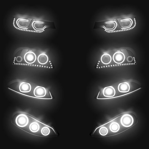 Car front and back headlights glowing white in darkness realistic set isolated on black background. Car Light Design, Headlight Design, Angel Model, Custom Wheels Cars, Auto Graphics, Bus Skin Design, Candy Poster, Custom Headlights, Awareness Poster