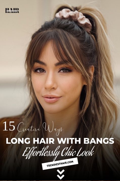 High ponytail with a scrunchie for a playful long hairstyle with bangs Bangs In Ponytail, Long Ponytail With Bangs, Ponytail Fringe, Bangs With Ponytail, Pigtails With Bangs, Ponytail Hairstyles With Bangs, Ponytails With Bangs, Ponytail Bangs, Sporty Ponytail