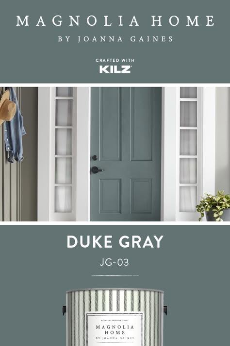 For a fun accent color that still fits in with your design aesthetic, turn to Duke Gray, from the Magnolia Home by Joanna Gaines® paint collection. Featured here on this painted front door, we love the way the deep pale blue undertones in this stone gray hue. Click below for full color details to learn more. Magnolia Home Duke Gray, Behr Juniper Ash, Joanna Gaines Front Door Colors, What Color Shutters For A Gray House, Downstairs Paint Scheme, Blue Gray Door Color, Duke Gray Magnolia Paint Bedroom, Slate Blue Door Color, Duke Grey Paint Magnolia