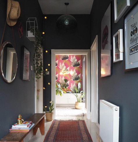 This+entrance+hallway+is+dark,+glamorous+and+eclectic.+Find+out+more+on+www.lovetohome.co.uk+Photo+credit+@_lisa_dawson_ Dark Hallway Ideas, Lisa Dawson, Hallway Decorating Ideas, Black Hallway, Grey Hallway, Hallway Paint, Hallway Makeover, Hallway Colours, Dark Hallway