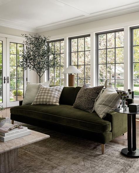 McGee & Co. on Instagram: "We're loving green this season! From faux greenery to pillows, we're loving the way green tones elevate any space. Shop new arrivals on our site!" Green Couch Decor, Olive Living Rooms, Green Sofa Living, Green Couch Living Room, Green Sofa Living Room, Living Space Decor, Green Couch, Couch Decor, Faux Greenery