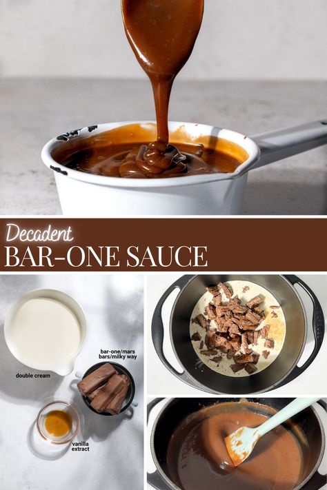 Bar-one sauce in a white saucepan. Bar One Sauce, Spoon Appetizers, Milky Way Bars, November Dinner, Chocolate Desserts Fancy, Hot Chocolate Sauce, Mars Bars, Chocolate Sauce Recipes, Mayonnaise Cake