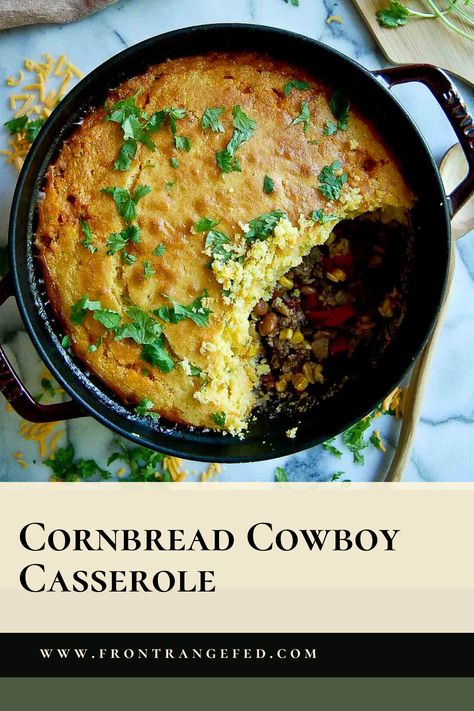 This Easy Cornbread Cowboy Casserole is a comforting and hearty dish that combines the rich flavors of a ground beef and ranch style beans mixture with a classic cheesy cornbread topping. This cowboy casserole recipe is a hearty meal and is perfect for busy weeknights or a weekend gathering with friends. Cowboy Cornbread Casserole Recipe, Cornbread Cowboy Casserole, Casserole With Beef, Cowboy Cornbread Casserole, Ground Beef And Beans, Ranch Style Beans, Cornbread Topping, Chili Cornbread Casserole, Cowboy Casserole Recipe