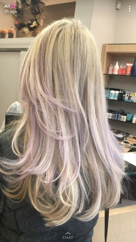 Blonde Hair Violet Highlights, Blonde Hair And Colored Highlights, Light Lavender Highlights, Light Purple Hair With Blonde, Blonde And Hair Lavender, Blond Lavender Hair, Blonde Hair With Purple Balayage, Blonde Coloured Hair, Platinum Blonde Hair Purple Tint