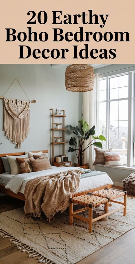 Boho Bedroom Color Palettes, Southwest Bedroom Ideas, Bedroom Oasis Ideas, Boho Rustic Bedroom, Earthy Boho Bedroom, Southwest Bedroom, Boho Chic Bedroom Decor, Boho Bedroom Decor Ideas, Natural Bedroom Decor