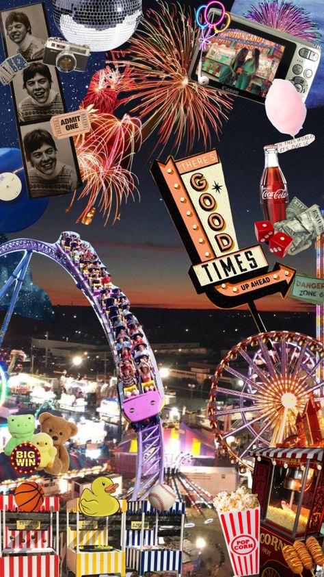 Nighttime fun fair vibes #themepark #nightmoodboard #vintage #collage #moodboard #harrysyles #lanaderay #rollercoasters #strangerthings Funfair Illustration, Fun Fair Aesthetic, Collage Moodboard, Diy Photo Book, Summer Fair, 2024 Planner, Fun Fair, Manifestation Board, Vintage Collage