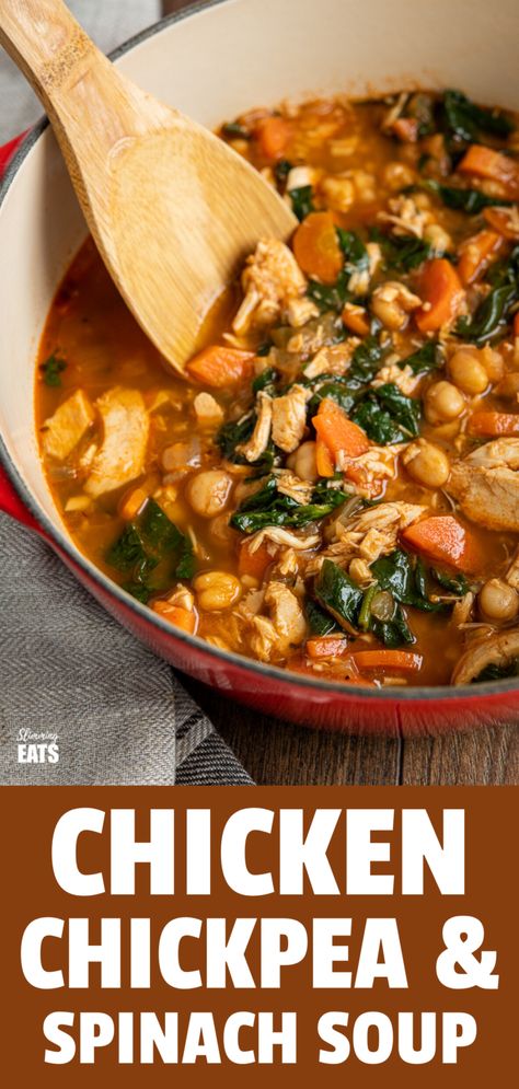 Soup Recipes With Chickpeas, Chick Pea Soup Recipes, Chickpeas With Chicken, Chickpeas And Chicken, Chicken And Spinach Soup, Chickpeas Soup Recipes, Chicken Chickpea Recipes, Chickpea Chicken Soup, Protein Packed Soups