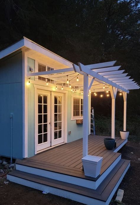 Shed Turned Pool House, She Shed Spa Ideas, She Shed Porch Ideas, Spa Shed, She Shed With Bathroom, Craft She Shed, She Shed Studio, Pool And Pool House Ideas, Lady Lounge