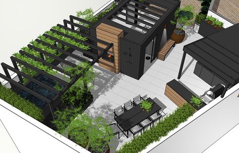 Ongoing rooftop terrace design🌿.Some of my ideas here might be inspiring...? 🌿😊.- Room in the center of the terrace creates zoned areas, and private spaces.- See-through fireplace gives opportunity to view the fire from different parts of the terrace.- Outdoor shower is refreshing.- Seatings around the bonfire has lids and hides storage under the seats.- Pergola over the hot tub creates privacy and a lush feeling with climbing plants..#gardendesignbythereseknutsen Corner Pergola, Rooftop Terrace Design, Rooftop Design, Modern Pergola, Pergola Attached To House, Pergola Design, Pergola Canopy, Rooftop Patio, Backyard Pergola