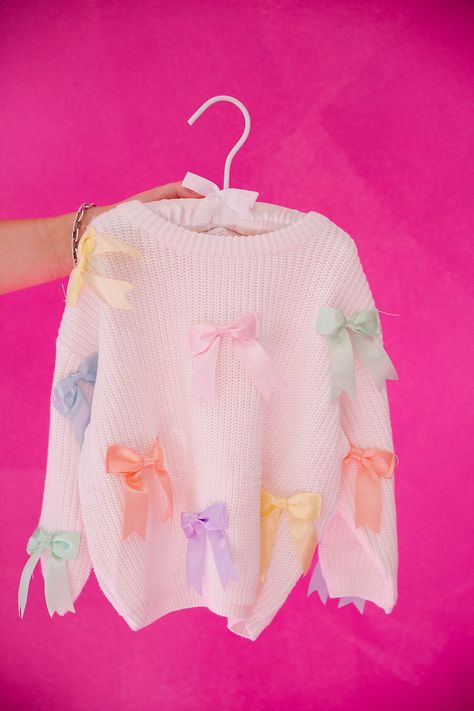 MINI KIDS PASTEL BOWS SWEATER SWEATER Judith March Kawaii Sweaters, Bow Clothing, Cake Clothes, Pastel Clothing, Fairy Kei Fashion, Bow Craft, Kawaii Sweater, Pastel Bows, Comfy Jackets