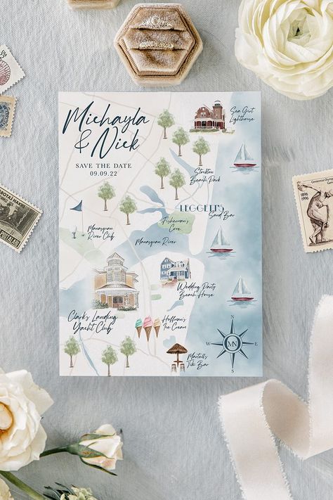 Watercolor Save the Date Map of Clarks Landing Yacht Club, Point Pleasant Beach New Jersey, Dusty Blue, Blush Pink Wedding Map Illustration, Watercolor Wedding Map, Map Illustrations, Map Invitation, Map Wedding Invitation, Jersey Shore Wedding, Stationary Ideas, Custom Wedding Map, Map Illustration