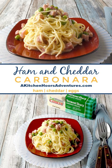 Ham and Cheddar Carbonara is easy to make with only four ingredients but tastes off the charts delicious! Just like grown up macaroni and cheese you could serve at your next dinner party. #CabotBudgetMeals via @akitchenhoor Ham Carbonara Recipe, Grown Up Mac And Cheese, Good Pasta Recipes, Cold Pasta Dishes, Good Pasta, Smart Eating, Best Macaroni And Cheese, Crazy Kitchen, Pasta Sides