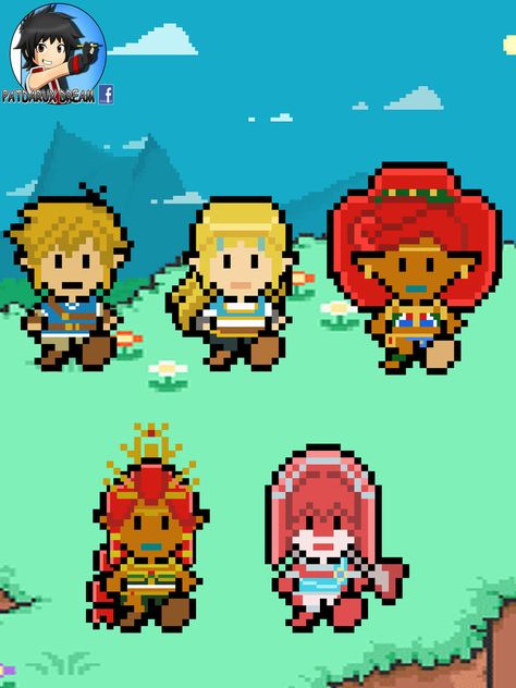 Legend of Zelda Breath of the Wild pixel art > Link, Princess Zelda, Urbosa, Riju, Mipha Image Pixel Art, The Wind Waker, Shigeru Miyamoto, Video Game Fan Art, Wind Waker, Legend Of Zelda Breath, Ocarina Of Time, Zelda Breath, Twilight Princess