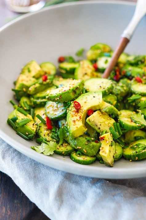 This avocado salad recipe is incredibly flavorful! It's made with creamy, ripe avocados, crisp cucumbers, scallions, sesame seeds, and cilantro in a Japanese-style dressing. It's a delicious side salad any time of year! Vegan. Japanese Cucumber Salad Recipe, Asian Avocado, Avocado Salads, Avocado And Cucumber, Japanese Cucumber Salad, Soy Dressing, Avocado Salad Dressing, Cucumber Avocado Salad, Healthy Asian Recipes