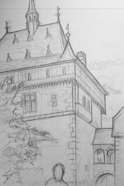 View Sketch Nature, Drawing View Nature, Castle Sketch Simple, Old Castle Drawing, Castle Drawing Sketches, Castles Drawing, Draw Castle, Karlstejn Castle, Castle Drawings