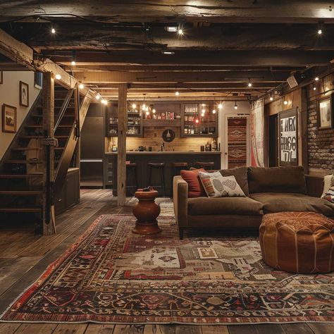 10 Stunning Basement Flooring Ideas with Engineered Hardwood • 333+ Inspiring Lifestyle Ideas Open Plan Basement Ideas, Vintage Basement Remodel, Masculine Basement Decor, Cool Basement Aesthetic, Modern Rustic Basement Bar, Amazing Basement Ideas, Comfortable Basement Ideas, Unique Basement Ideas Creative, Small Dark Basement Ideas