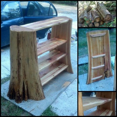 Log Bookshelf - Imgur Industrial Shelving Diy, Bookshelves Inspiration, Horizontal Shelves, Cedar Projects, Mountain Furniture, Kids Museum, Rustic Shelving, Stump Ideas, Unique Bookshelves