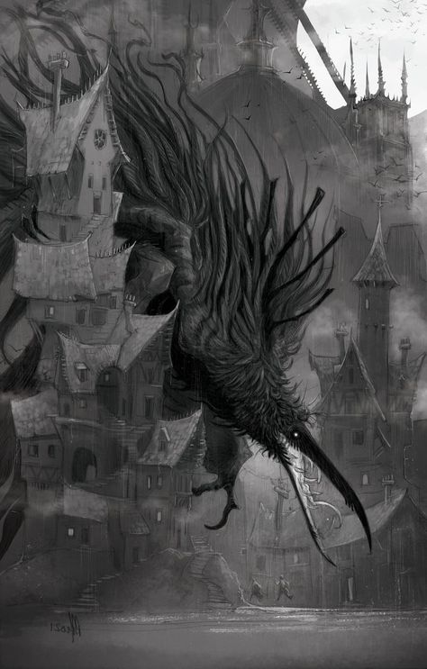 Giant Raven Fantasy Art, Bird God Fantasy Art, Crow Monster Concept Art, Crow Monster Art, Raven Monster Art, Scary Bird Drawing, Bird Monster Concept Art, Bird Monster Art, Gothic Creatures