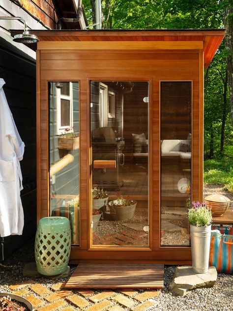 Outdoor Infrared Sauna Ideas, Sauna On Deck, Outdoor Sauna Small Backyard, 2 Person Sauna Home, Best Infrared Sauna, Backyard Sauna, Outdoor Inferred Sauna, Home Infrared Sauna, Gil Schafer