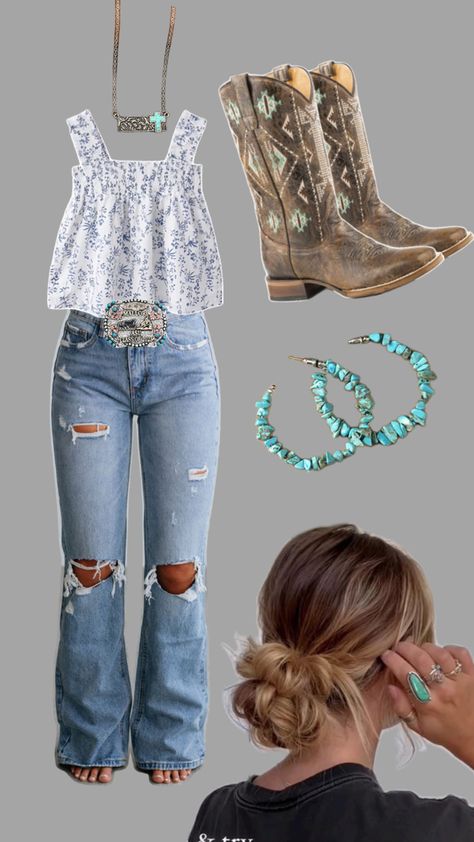 Western style Country Concert Outfit Ideas October, Outfits Aesthetic Country, Fashionable Western Outfits, Outfit Ideas For A Country Concert, Western Outfits Women For School, Simple Country Outfits Summer, Western Simple Outfits, Country First Day Of School Outfits, First Day Of School Outfit Western