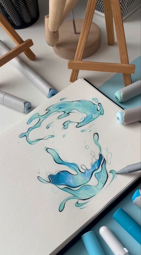 Marker Pen Drawing Ideas, Coptic Marker Art, Blue Drawing Ideas, Elemental Drawing, Blue Things To Draw, Water Drop Drawing, How To Draw Water, Copic Marker Drawings, Art Markers Drawing