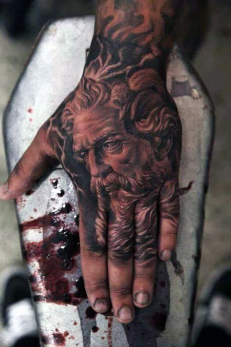 Greek God Apollo Men's Hand Tattoos #UltraCoolTattoos Beautiful Greek Mythology, Geometric Tattoo Symbols, Herren Hand Tattoos, Greek God Tattoo, Zeus Tattoo, Greek Mythology Tattoos, God Tattoos, Wrist Tattoos For Guys, Muster Tattoos