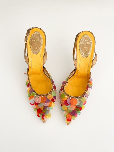 Retro Yellow Heels For Party, Yellow Heels Outfit, Yellow Retro Open Toe Heels, Retro Multicolor Open Toe Heels, Retro Multicolor High Heels, Rene Caovilla Heels Vintage, Vintage Multicolor High Heels, Vintage Pumps, Vintage Heels