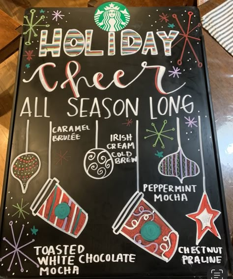 Starbucks Christmas Board Ideas, Starbucks Holiday Chalkboard Art, Starbucks Christmas Chalkboard Art, Christmas Cafe Signs, Starbucks Signs Chalk Christmas, Starbucks Chalk Signs, Christmas Coffee Shop Sign, Christmas Coffee Board Ideas, Starbucks Chalkboard Art Christmas