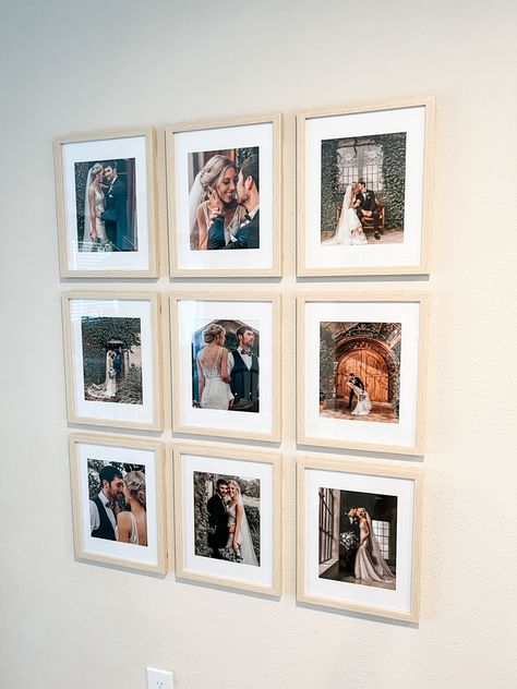 Family Wall Frames Ideas, Symmetrical Picture Wall, Home Decor Portraits, Wedding Photos Gallery Wall, Wedding Photos On Wall, 8x8 Photo Wall, Wedding Photo Decor Home, Wall Portrait Ideas, Display Wedding Photos At Home