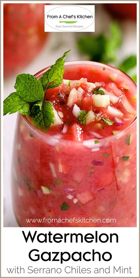 Watermelon Gazpacho with Serrano Chiles and Mint is the perfect refreshing way to cool off on a hot summer day! #soup #chilledsoup #gazpacho #watermelon Watermelon Soup Chilled, Gazpacho Watermelon, Luncheon Food Ideas, Food Ideas Appetizers, Watermelon Gazpacho Recipe, Watermelon Soup, Baby Shower Lunch, Summer Soup Recipes, Cold Soup Recipes